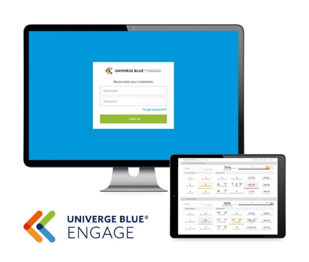 Univerge Blue Engage login on a desktop monitor, and the app running on a tablet