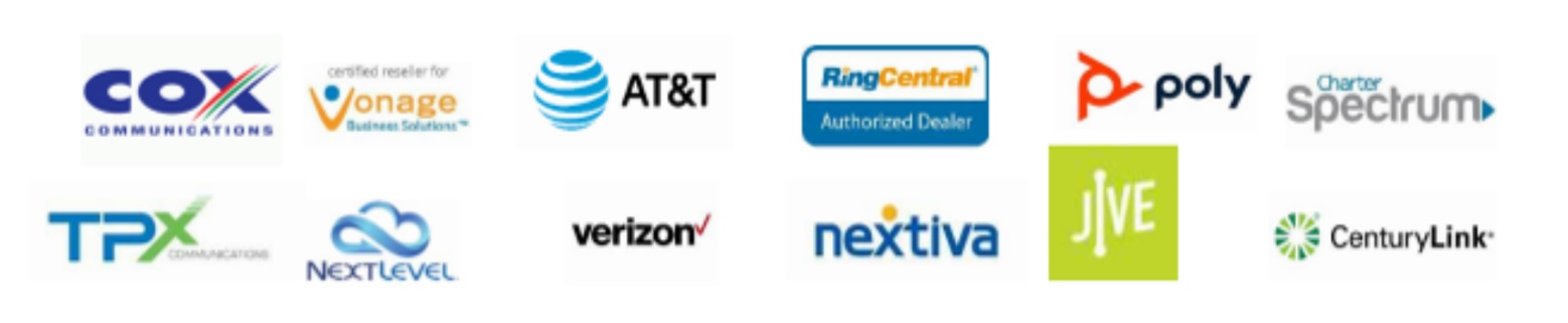 6x2 grid of logos: Cox, Vonage, AT&T, RingCentral, Poly, Spectrum, TPx, NextLevel, Verizon, Nextiva, Jive, CenturyLink