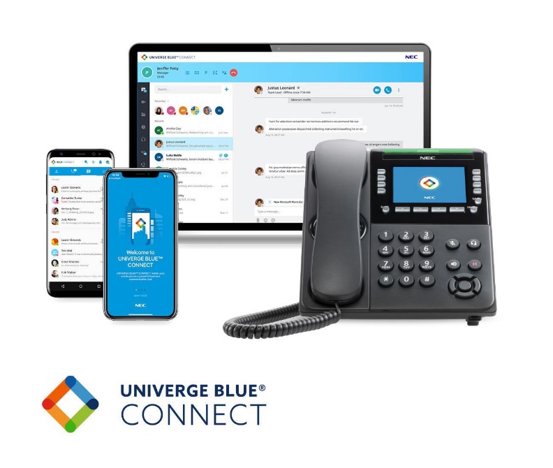 A tablet, office phone, and mobile phone both using UNIVERGE Blue Connect